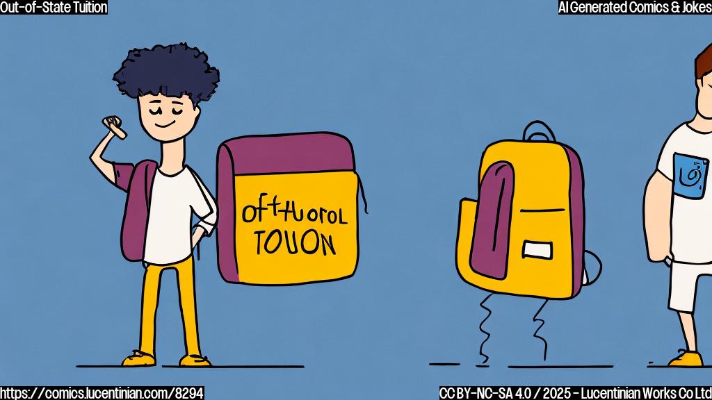 Cartoon drawing of a sad-looking student with a backpack, standing next to a sign that reads "Out-of-State Tuition" in large letters. The background is a plain blue color. The style is simple and cartoonish.