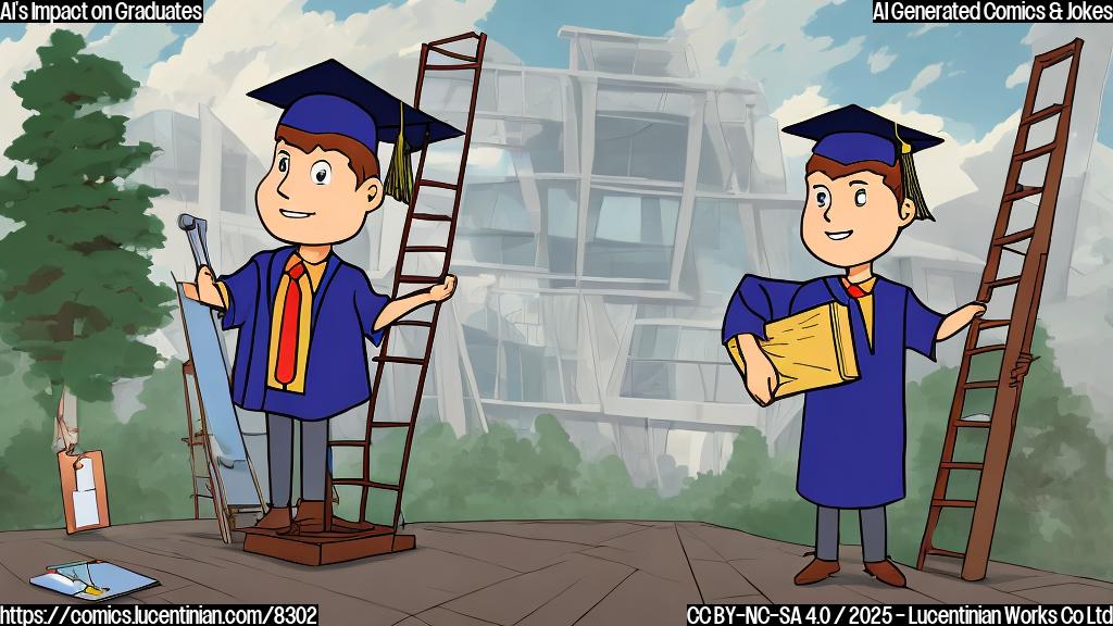 A sad looking college graduate in a cap and gown, carrying a broken wooden ladder, standing in front of a futuristic office building. Plain color cartoon style.