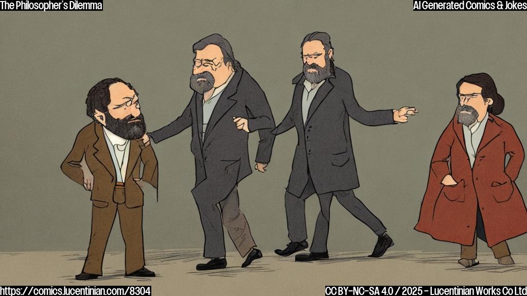 A simple, flat cartoon image of a physicist with messy brown hair and a lab coat walking away from a pensive philosopher with a beard, each in a solid color background.