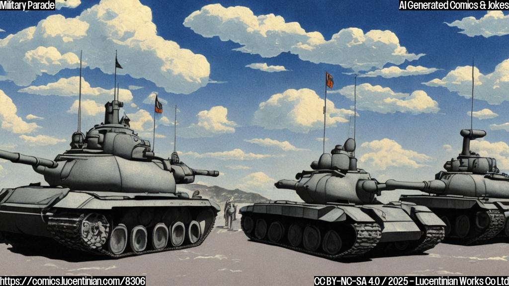 plain color cartoon style picture of three grey tanks in a parade, one of them on a weight scale, with a confused expression. The background is a simple blue sky with white clouds.
