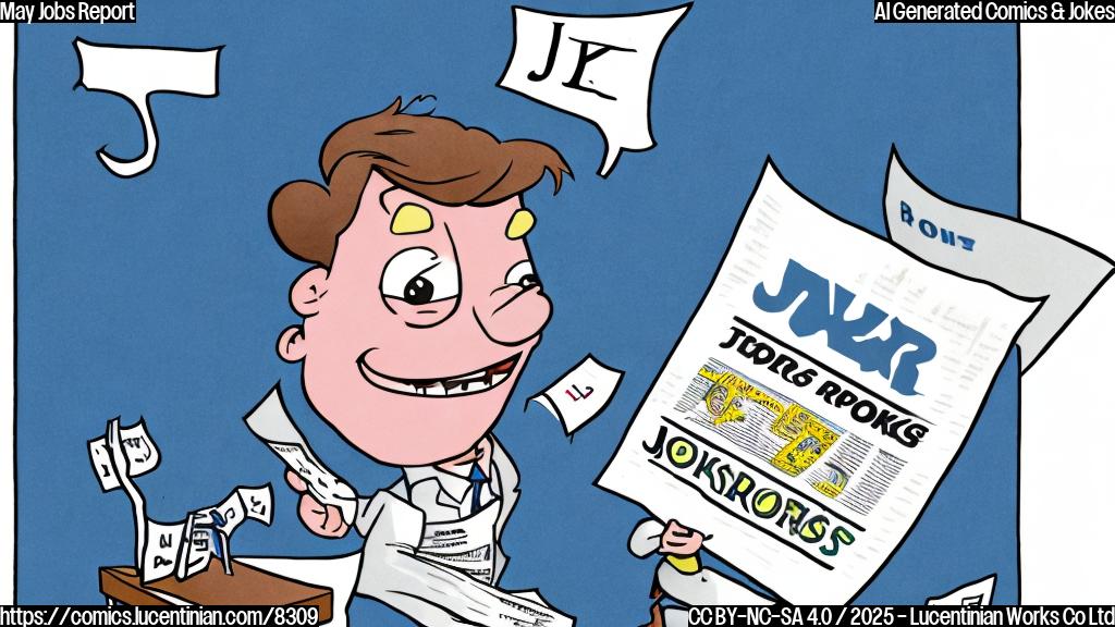 Cartoon image of a smiling stock market ticker tape character jumping out of bed with a newspaper titled "May Jobs Report" in its hand. The background is a simple plain blue color.