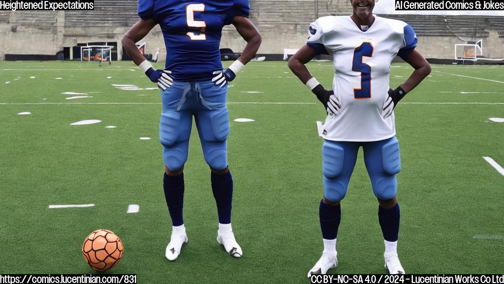a middle-aged football player in a uniform with a helmet wearing a headset and holding a ball, standing on top of a small step or stool, surrounded by football field elements such as goalposts and lines