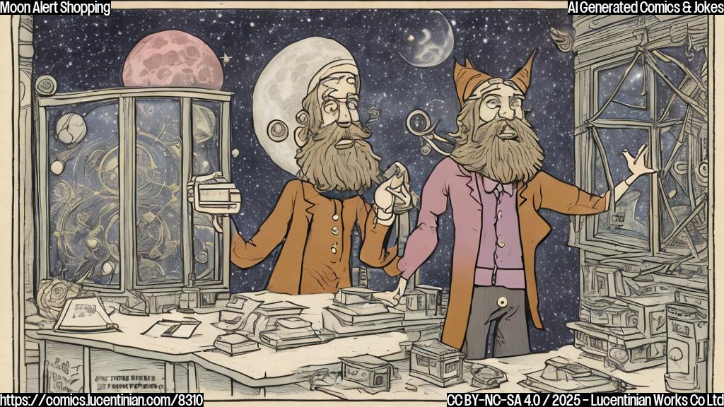 A cartoon astrologer with a pointed hat and long beard standing in front of a shop window filled with telescopes. The astrologer looks confused and hesitant, holding an empty wallet. Above him, a speech bubble says "Moon Alert!" The scene is depicted in a plain, pastel color palette.