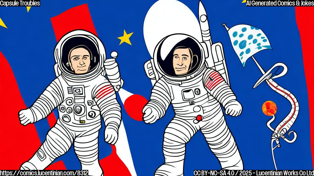 cartoon style, plain background, a sad astronaut in a spacesuit looking at a rocket with a question mark above its head, next to a Russian flag.