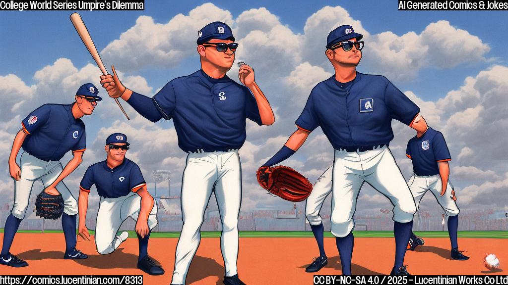 A cartoon style image of a baseball umpire with comically oversized glasses, standing on a baseball field. He's wearing a navy blue umpire uniform and a serious expression, but one lens of his glasses is cracked. In the background, vaguely sketched are some players in red and orange uniforms. The sky is a simple, plain blue.
