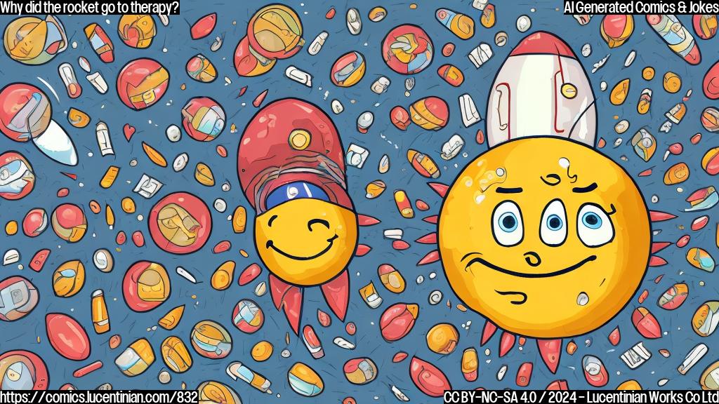 A cartoon style image of a smiling rocket with a thought bubble, surrounded by mental health-related objects such as pills, scales, and a therapist's couch. The rocket should have a slight smile on its face, conveying that it is feeling better after therapy.