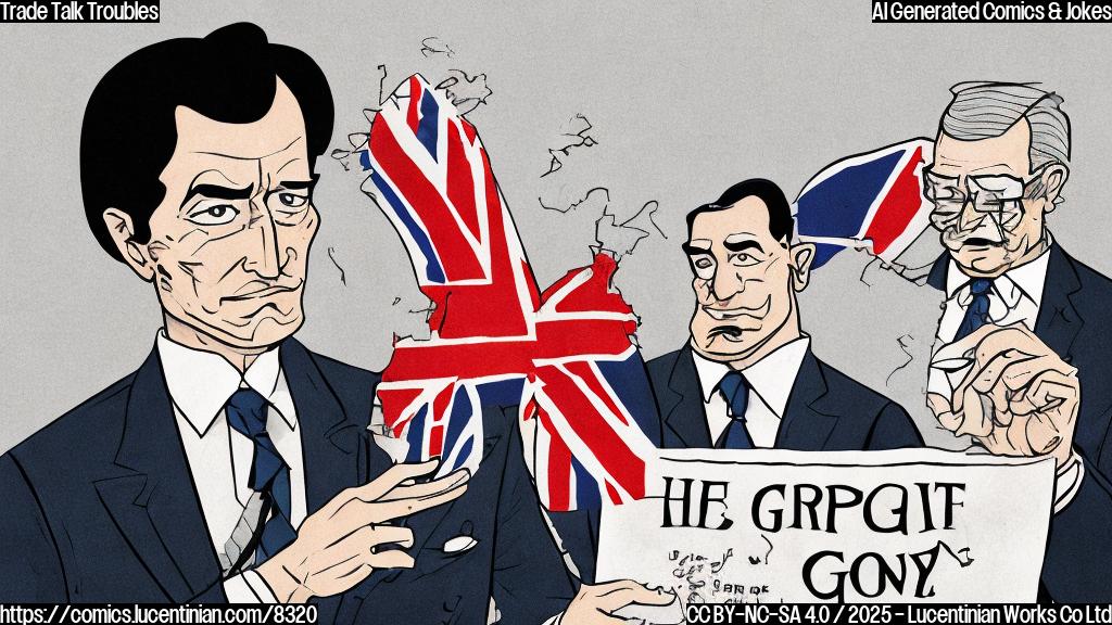 Cartoon illustration of a serious-looking man in a dark suit holding a ridiculously oversized, unfolded map that almost completely obscures his face. He stands in front of a nondescript building with a British flag waving gently in the background. The style is simple and colorful, reminiscent of a newspaper cartoon.