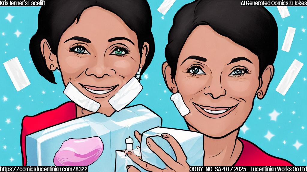 A cartoon drawing of a smiling, middle-aged woman with short dark hair holding a box labeled "DIY Facelift Kit" with bandages and ice packs inside. The background is a simple, plain color.