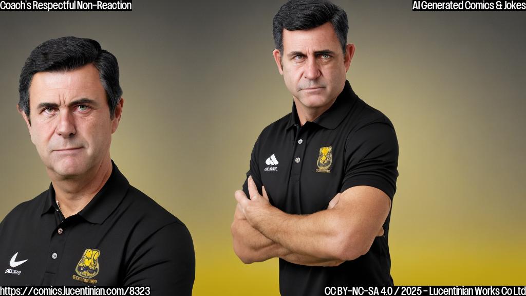 A cartoon style image of a football coach with meticulously combed dark hair and a serious expression, wearing a black polo shirt. He stands against a plain yellow background.
