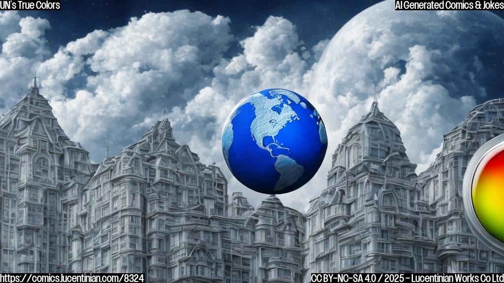 Cartoon style image of a blue building with many windows (representing an international organization) holding a paint palette with grey, white and a tiny red color. In front of the building there are two animated earth globes. One globe is sad, the second is angry. The sky is pale yellow.