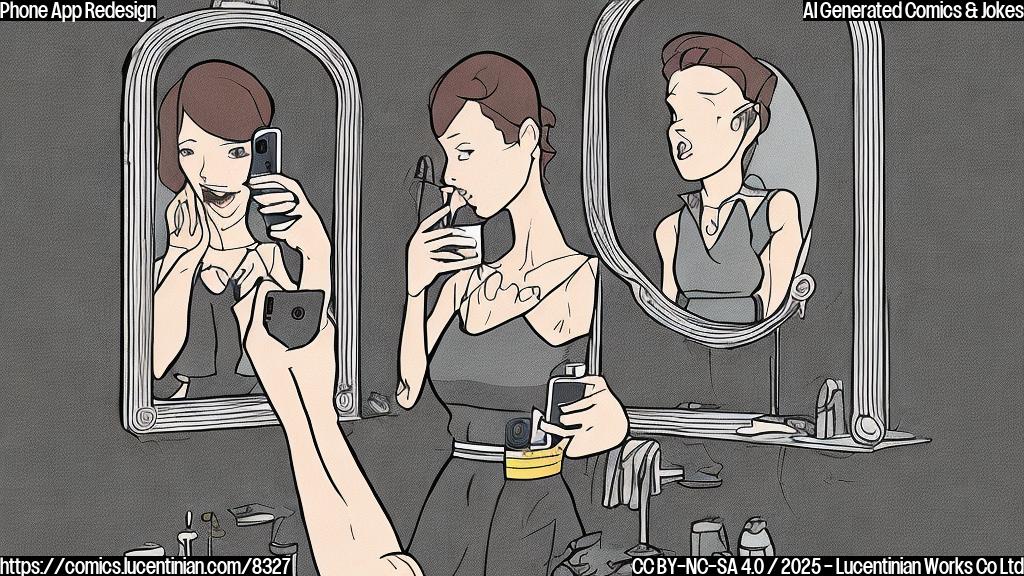 A plain color cartoon style picture. A smartphone is getting dressed up in a stylish outfit in front of a mirror. The mirror reflects a much simpler, older version of the phone.