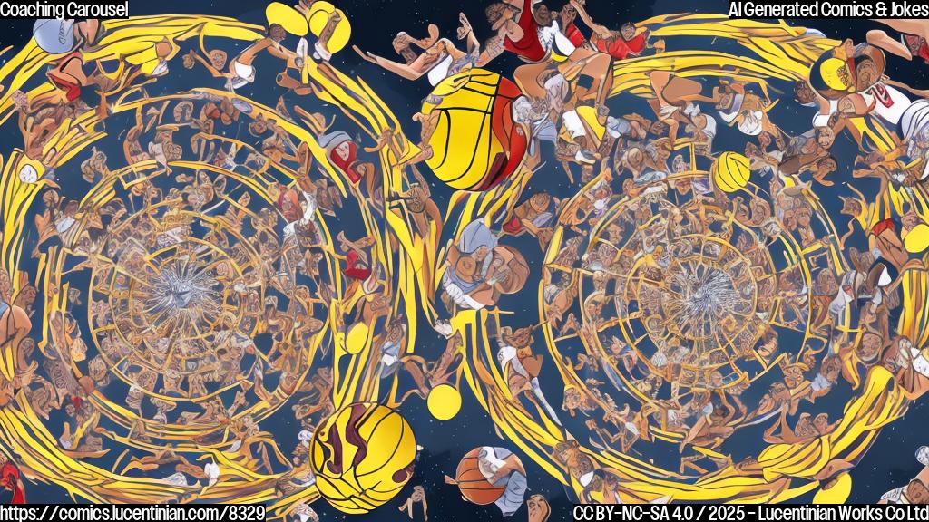 A cartoon image showing a basketball team revolving like a carousel, with different coaches attempting to ride but falling off. The basketball is spinning in the center. The image should be in a plain color cartoon style.