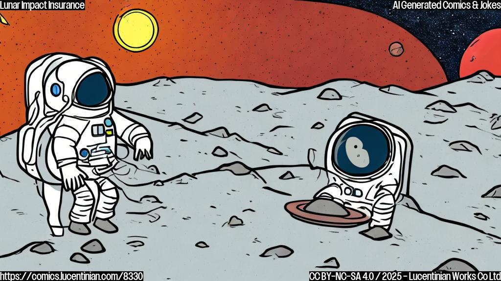 A plain color cartoon style image depicting an astronaut in a spacesuit looking nervously at a small asteroid headed towards a simplistic moon. The astronaut is holding an insurance policy.