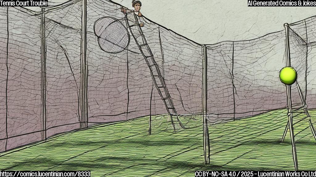 A cartoon image of a tennis court with a ladder leaning against the net. A tennis ball is stuck at the top of the ladder. The style is plain color cartoon.
