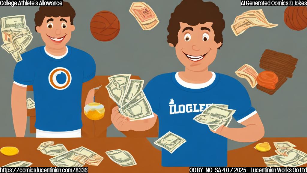 Cartoon illustration of a happy college athlete with short curly brown hair, wearing a blue jersey and shorts, holding a stack of cash and smiling widely, with a table full of healthy food behind him like steak and vegetables. The background is a simple plain light blue color.