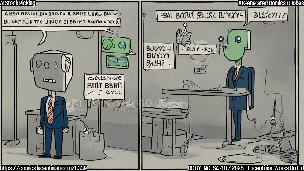a plain color cartoon style picture of a sad looking robot wearing a business suit and tie, standing next to a stock chart with a downward trend, with a speech bubble saying "Buy high, sell higher!"