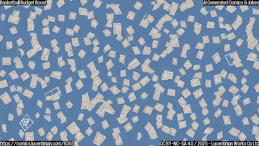 A simple cartoon image of a college basketball team celebrating wildly, dollar signs floating around them. The background is a plain light blue.