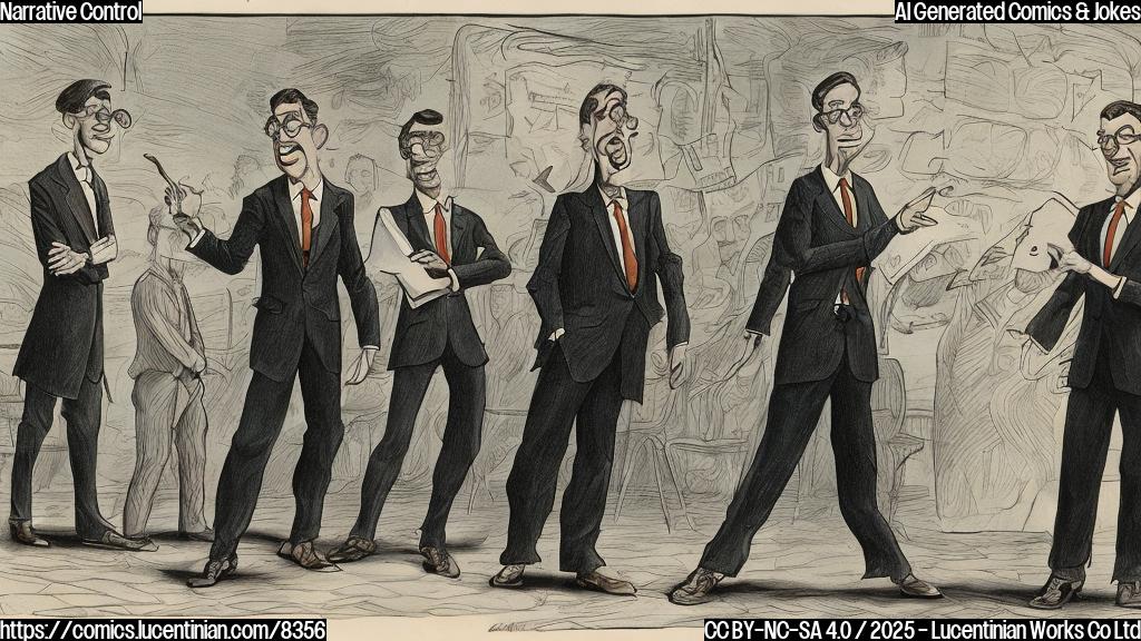 Cartoon style, a tall slender woman with glasses looking amused in the background, in the foreground are two stout men in suits, one with messy blond hair pointing and yelling, the other looking back with a furrowed brow, plain background in pastel colors.
