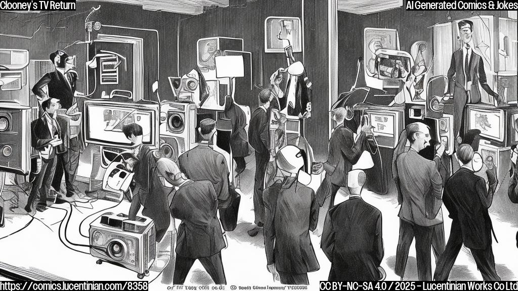 Plain color cartoon style image of a vintage television set with rabbit ears antenna, displaying a black and white image of actors in suits standing in a newsroom. A director with a megaphone stands beside the TV, looking excitedly at the screen.