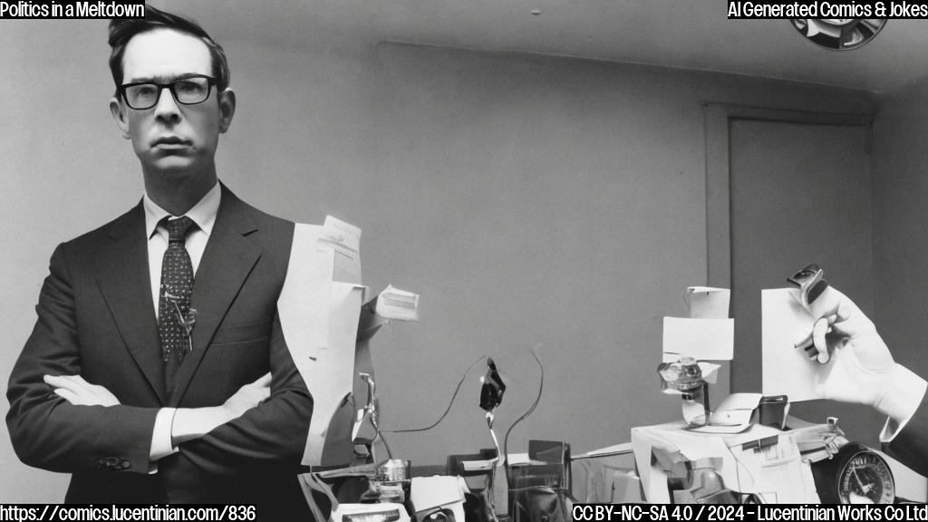 A confused politician with glasses and a stern expression, standing next to an empty chair with a thermometer in the background. The politician is holding a briefcase and looking worried.