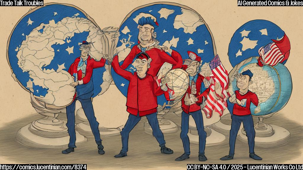 A cartoon style image of two characters, one representing the United States (a stout man with a stars-and-stripes hat) and the other representing China (a slightly slimmer man with a red hat and a small dragon emblem), standing on opposite sides of a globe. They are both looking puzzled, each holding one side of a tattered map that is clearly not matching up. The globe has a crack running down the middle, symbolizing the fractured trade relationship. The background is a plain light blue.