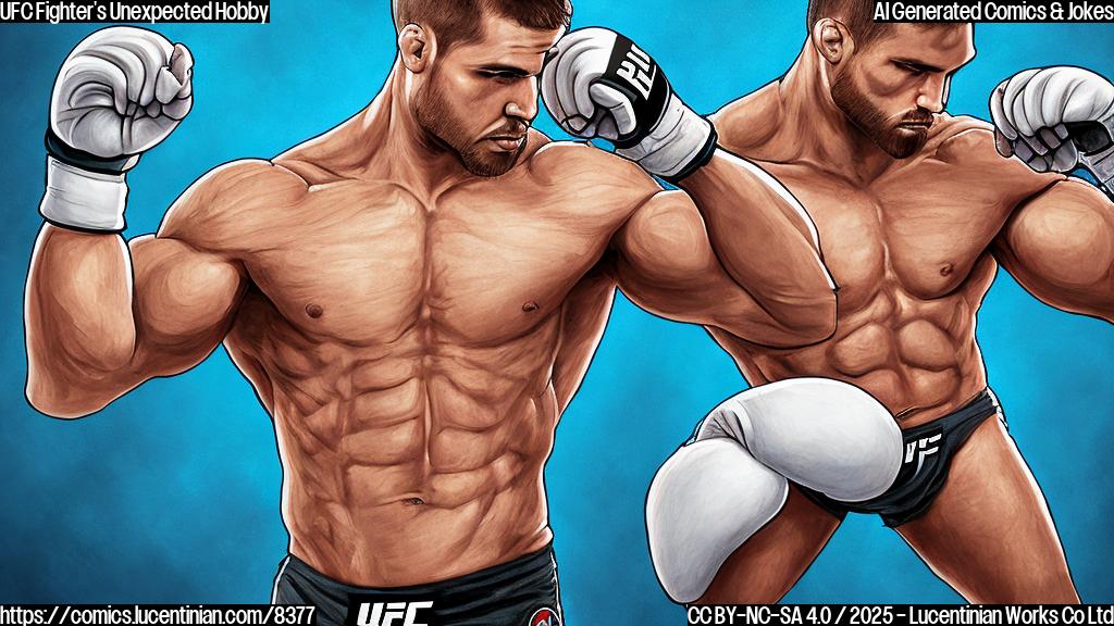 A cartoon drawing of a muscular, generic UFC fighter in boxing shorts and gloves, standing in an octagon. He is holding a paintbrush and a palette with various colors on it, looking thoughtfully at a blank canvas propped up in the middle of the octagon. The background is a plain light blue.