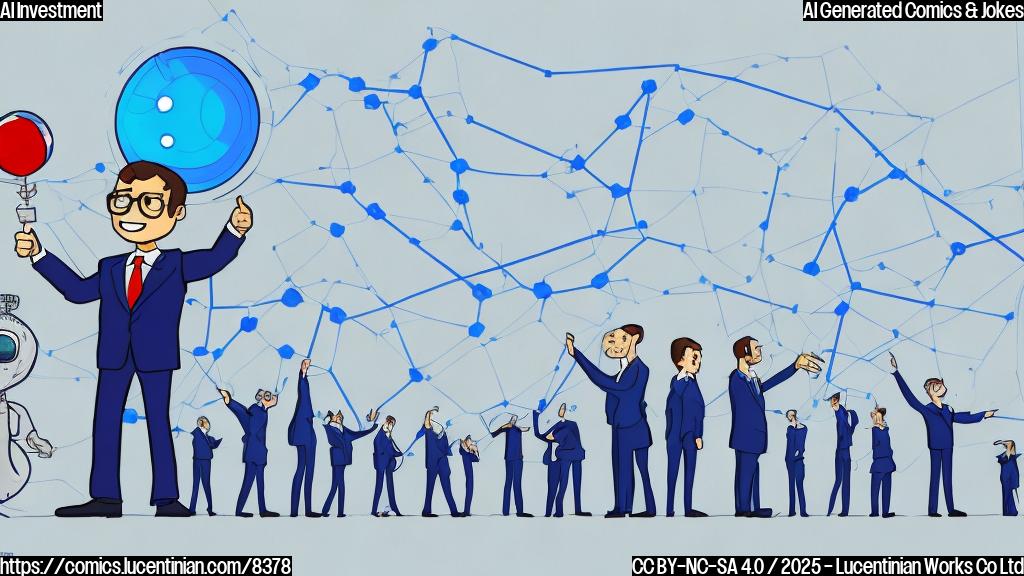 Plain color cartoon style picture of a giant blue thumbs up icon wearing a business suit and holding a chart showing a rapidly rising line graph. Small robots are cheering at the bottom of the chart.