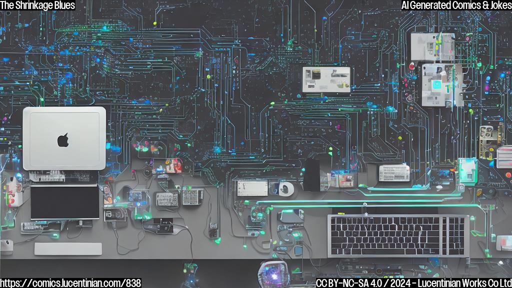 A small, powerful computer with a larger-than-expected personality, surrounded by wires and circuit boards, sitting on a cluttered desk with a look of concern on its face.