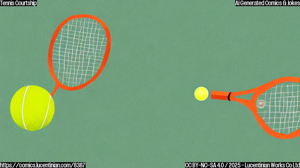 a minimalist cartoon illustration of a sad yellow tennis ball with eyes and a frown, and a wooden tennis racket with eyes looking away indifferently, both on a light green tennis court background, plain color style.