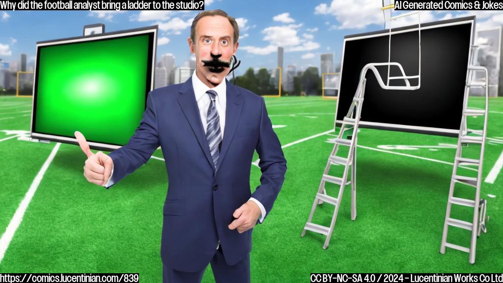 A cartoon of a middle-aged man with a mustache and a suit, standing in front of a green screen displaying a football field. He is holding a ladder and giving a thumbs-up to the camera.