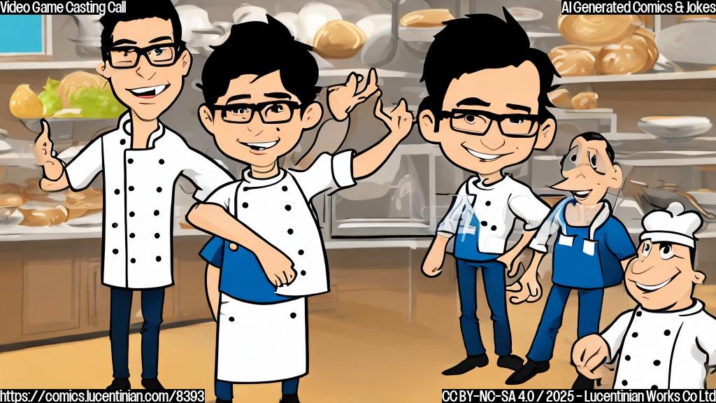 A simple, plain color cartoon image depicting a video game producer with spiky black hair, wearing glasses and a polo shirt, pointing at a baker with a white chef hat and apron covered in flour. The background is a single, bright color. The style is minimalist and cartoonish.
