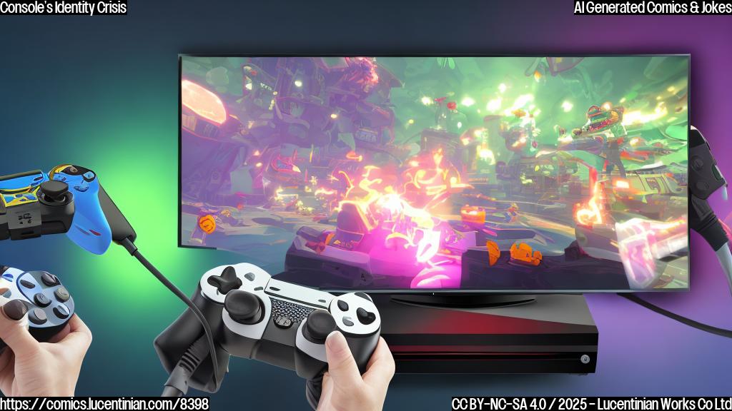 A confused cartoon gaming console with controller and screen, half of its body is plugged into a TV with cables, the other half is holding a game card and is portable, colorful plain background.