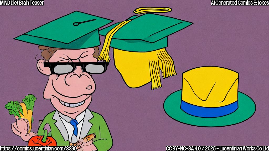 A simple, plain color cartoon style image of a brain wearing a graduation cap and sunglasses, holding a suitcase and standing next to a plate of colorful vegetables. The background is a light, solid color.