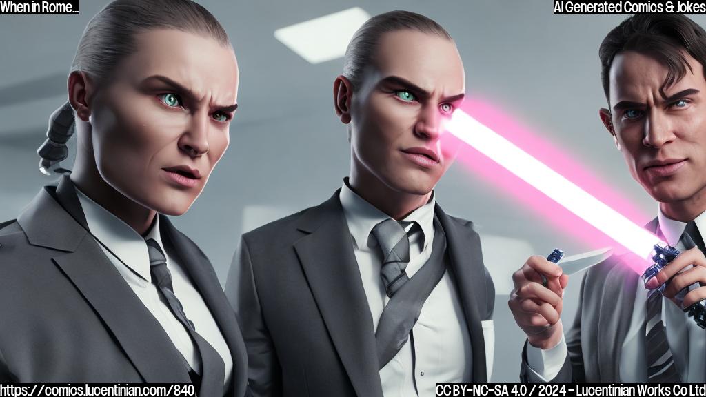 A humanoid character with X-shaped markings on their forehead, wearing a suit and holding a lightsaber, standing next to a person in a business attire with a surprised expression