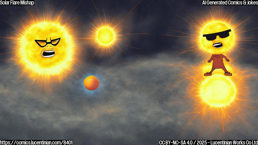 Cartoon of an angry, bright yellow and orange solar flare with a frowning face, being escorted by a larger, calmer, yellow sun with sunglasses towards a closed door labeled "Time Out". The background is a plain blue.