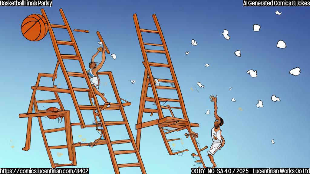 A cartoon drawing of a basketball team carrying a giant ladder towards a basketball court, with betting odds floating in the air above them. The sky is plain colored in light blue. The style is simple and flat.