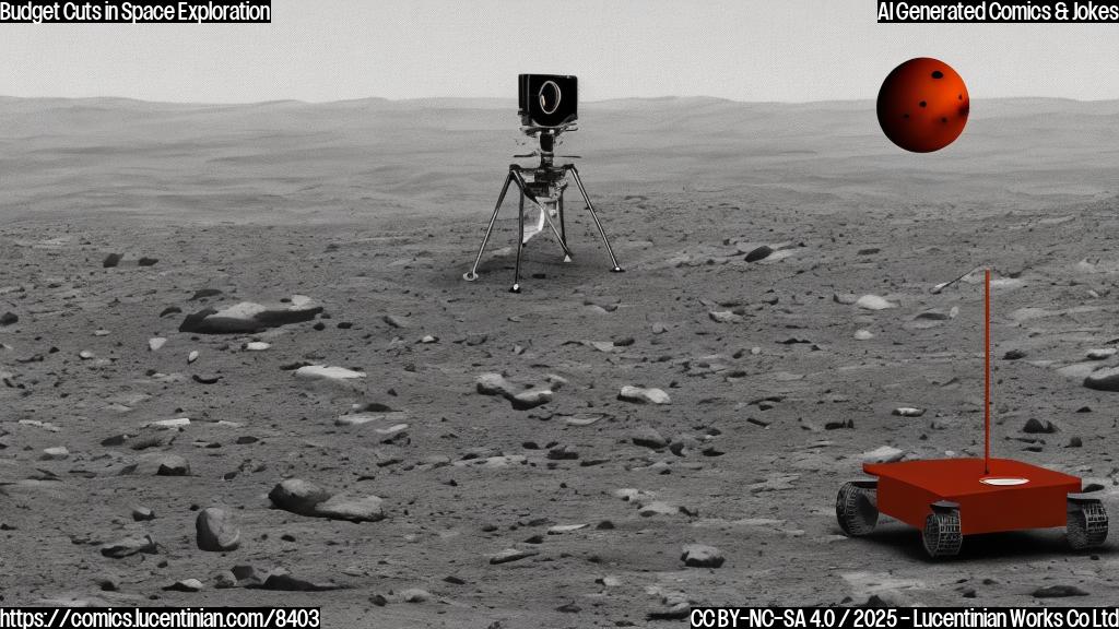A simple, plain color cartoon of a sad, red Mars rover with large, expressive eyes and an antenna, standing alone on a barren, orange Martian landscape under a grey sky.