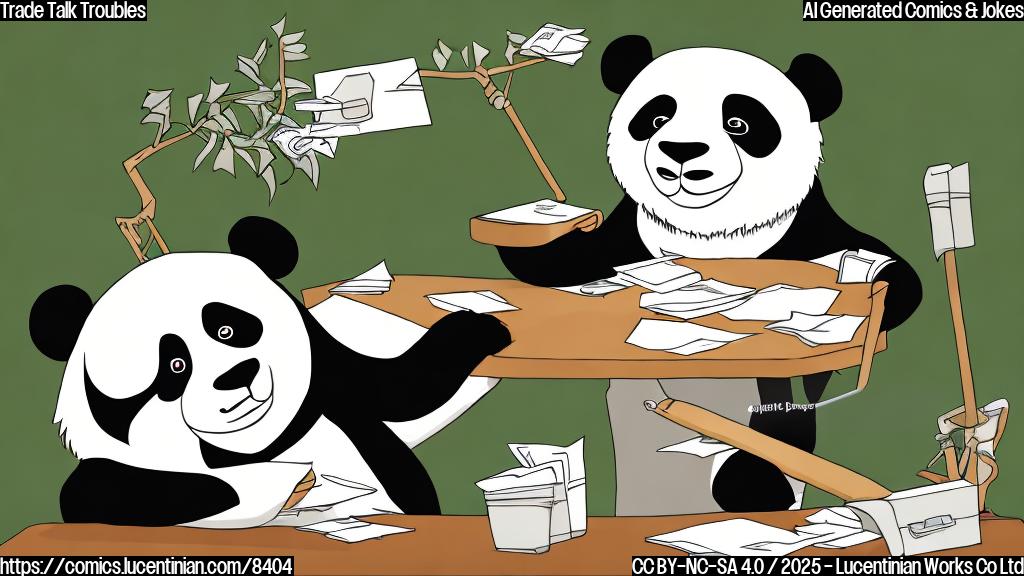 Cartoon image of a nervous-looking briefcase character sweating profusely while sitting across from a smiling panda character at a table in a bland conference room. The briefcase has money symbols on it, and the panda is holding a bamboo stalk. The background is a plain light green color.