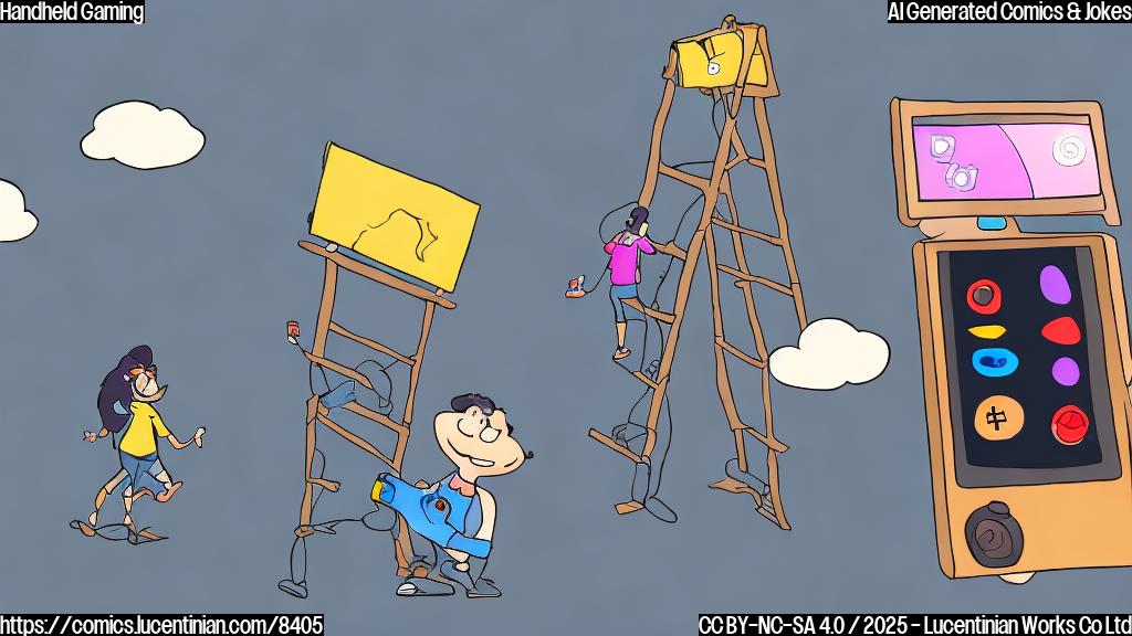 A simple cartoon image of a person with a game controller in their hands, standing next to a very big screen of handheld console, holding a ladder trying to climb. Plain background.