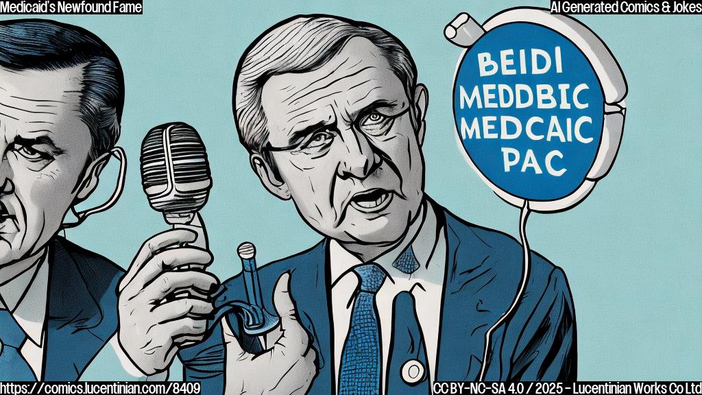 cartoon style, plain light blue background, a surprised looking politician with a large microphone in front of them, and the word "Medicaid" in big, bold letters floating above their head.
