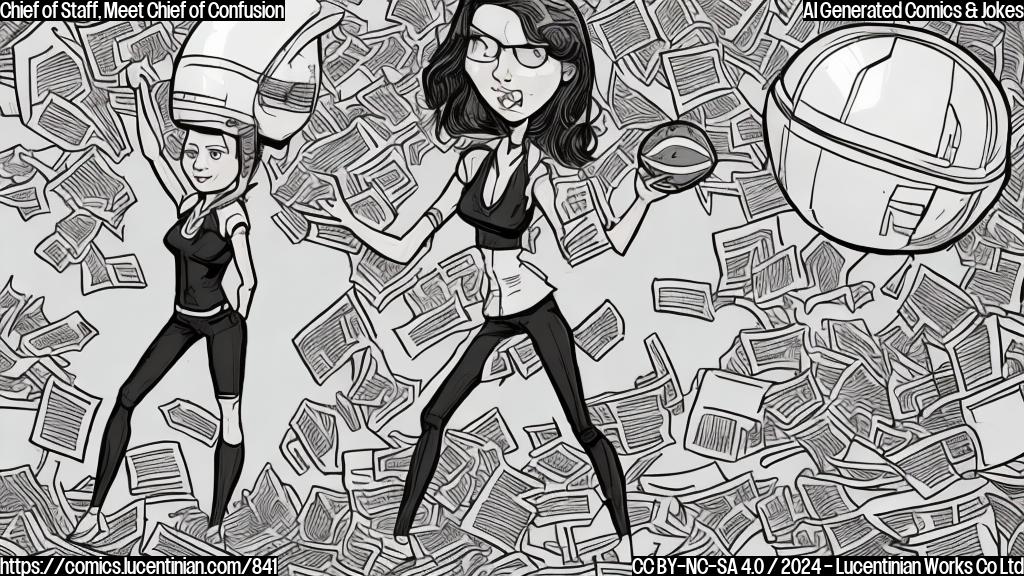 Draw a cartoon-style illustration of a determined-looking woman with a football-shaped helmet and a confident expression, holding a clipboard and standing in front of a chaotic White House scene with papers and files scattered everywhere.