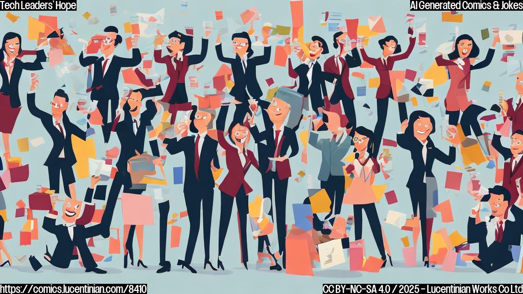 A group of cartoon style characters, dressed in business attire, joyfully raising glasses in a modern, minimalist office. The background features abstract shapes in muted colors. The overall tone is celebratory and lighthearted.