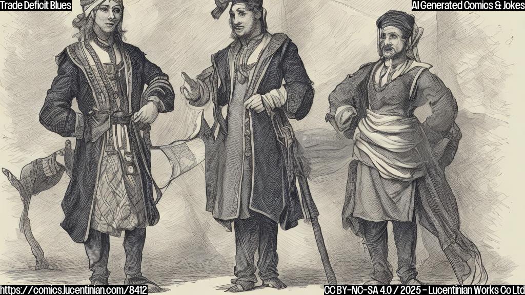 A sad merchant with traditional clothing, standing next to a graph showing a sharp downward trend. The background is a plain light blue. Cartoon style.