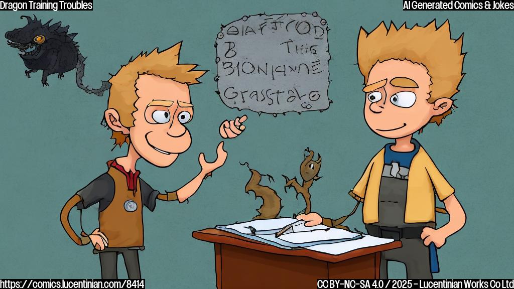 a simple cartoon of a frustrated instructor with spiky blonde hair, wearing a patched-up brown vest, standing in front of a chalkboard that is partially charred, with a small, green, friendly-looking dragon sitting innocently on a desk. The background is a plain light blue.