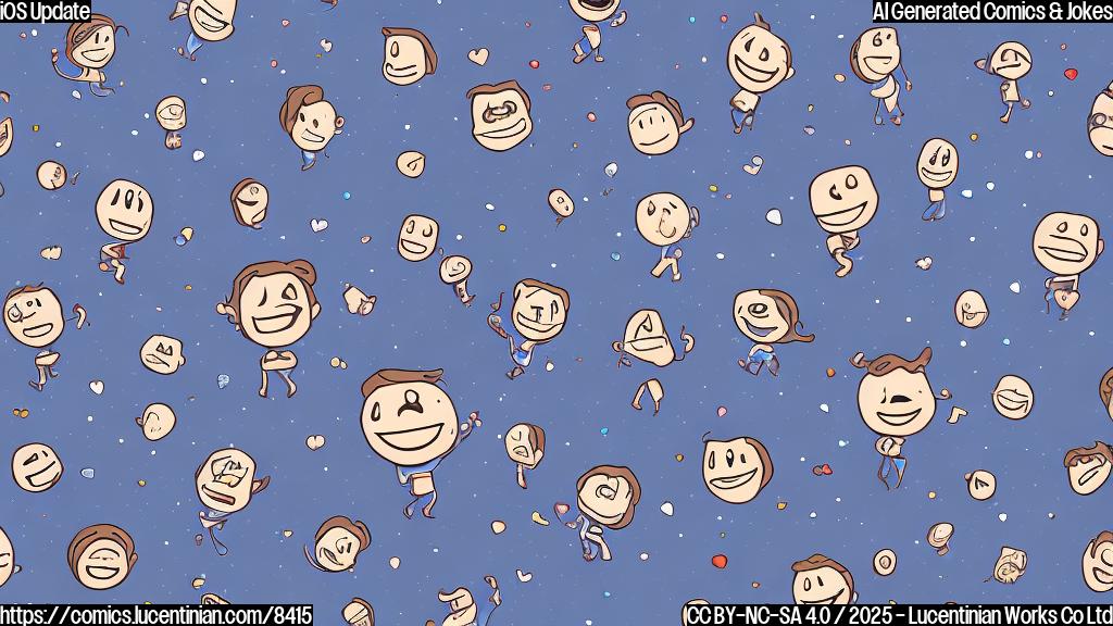 A cartoon-style phone character with a big, happy smile is jumping in the air. The phone is light grey. Around the phone are floating emojis of various types, such as smiling faces, hearts, and thumbs up. The background is a plain light blue.