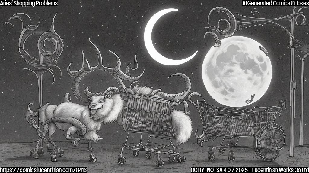 A cartoon drawing of a ram-like character with curly horns, looking frustrated in front of a shop. The moon is visible in the sky, with a crossed-out shopping cart symbol next to it. Plain color background.