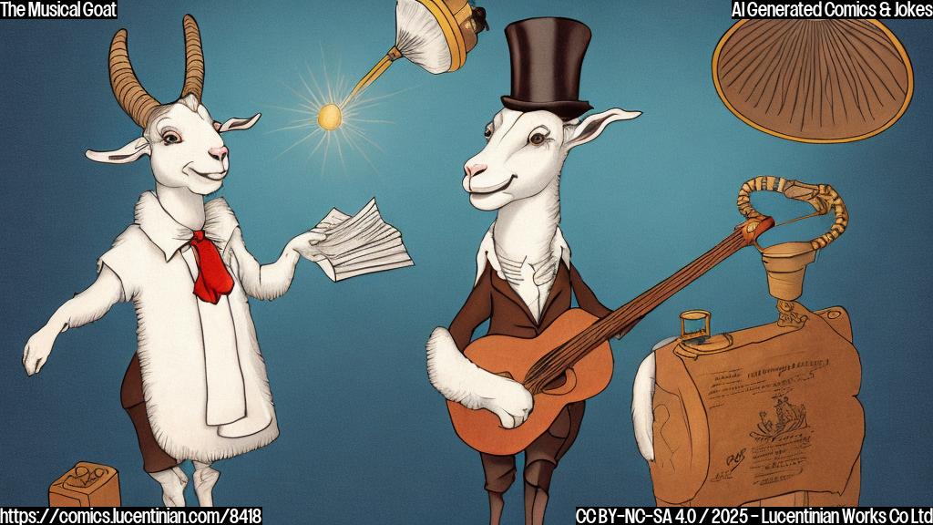 A plain color cartoon style picture of a smiling goat wearing a tiny top hat and holding a sheet of music, standing on a simple stage with a single spotlight shining on it. The background is a solid light blue.