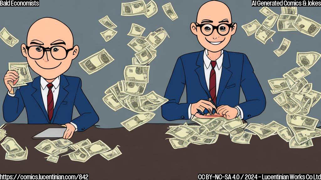 Draw a cartoon style image of a bald, bespectacled man in a suit and tie sitting at a desk with a calculator, surrounded by stacks of money and a broken heart on the floor.