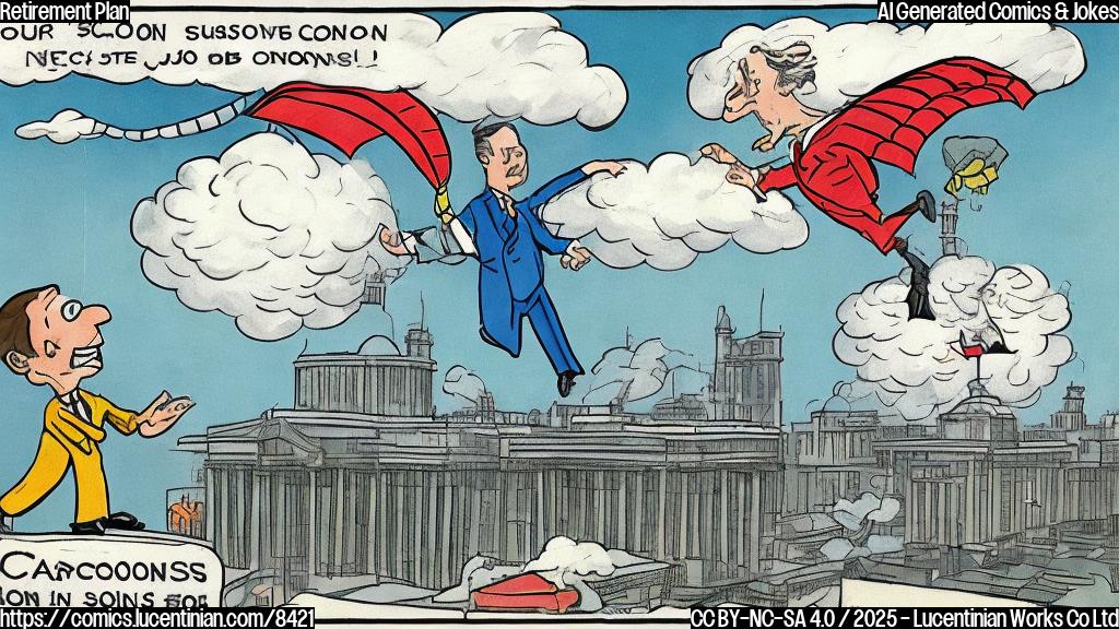 Plain color cartoon of a man in a suit jumping from a building labeled "Congress" towards a cloud labeled "Private Sector Job" with a parachute made of money.