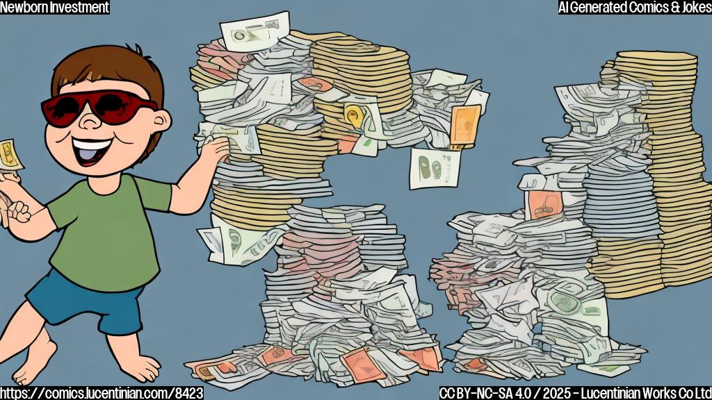 A plain color cartoon style illustration showing a newborn baby in a diaper, wearing sunglasses, looking at a pile of money and a pile of diapers, pointing at the diapers with a smile.